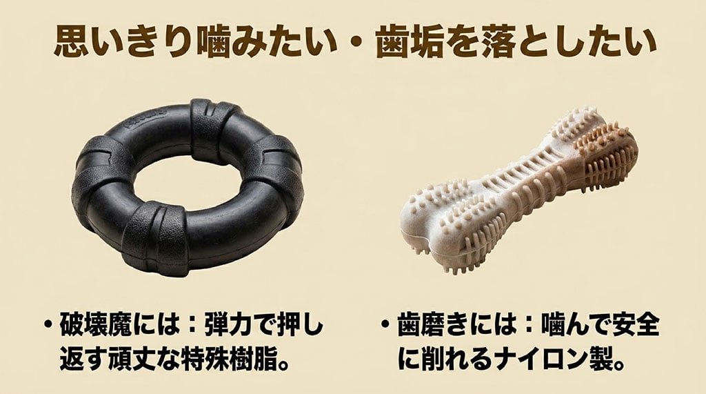 弾力で押し返す頑丈な特殊樹脂リングと、噛んで安全に削れるナイロン製歯磨きおもちゃのイラストを並べ、それぞれの効果を解説するスライド