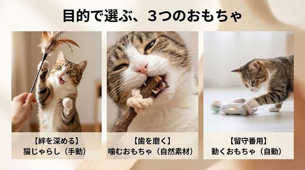 猫じゃらしで遊ぶ猫と、おもちゃを噛む猫の写真とともに、「目的で選ぶ、3つのおもちゃ。【絆を深める】猫じゃらし（手動）、【歯を磨く】噛むおもちゃ（自然素材）、【留守番用】動くおもちゃ（自動）」と書かれたスライド画像。