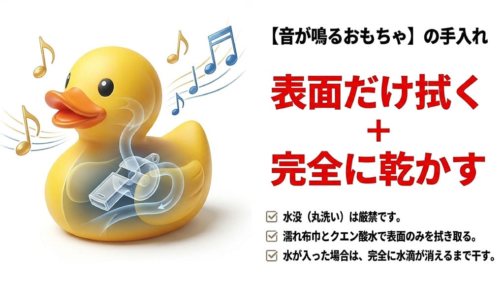 音が鳴るおもちゃの手入れ。水没や丸洗いは厳禁。濡れ布巾とクエン酸水で表面だけ拭く。水が入った場合は完全に水滴が消えるまで干す。