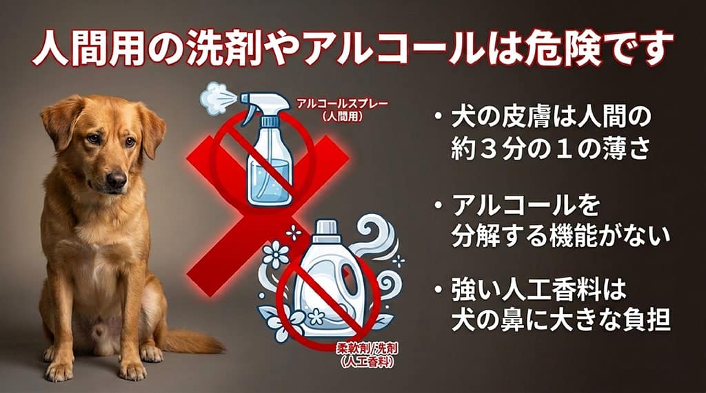 犬の皮膚は人間の約3分の1の薄さ。アルコールを分解する機能がない。強い人工香料は犬の鼻に大きな負担となるため、人間用の洗剤やアルコールスプレーは危険です