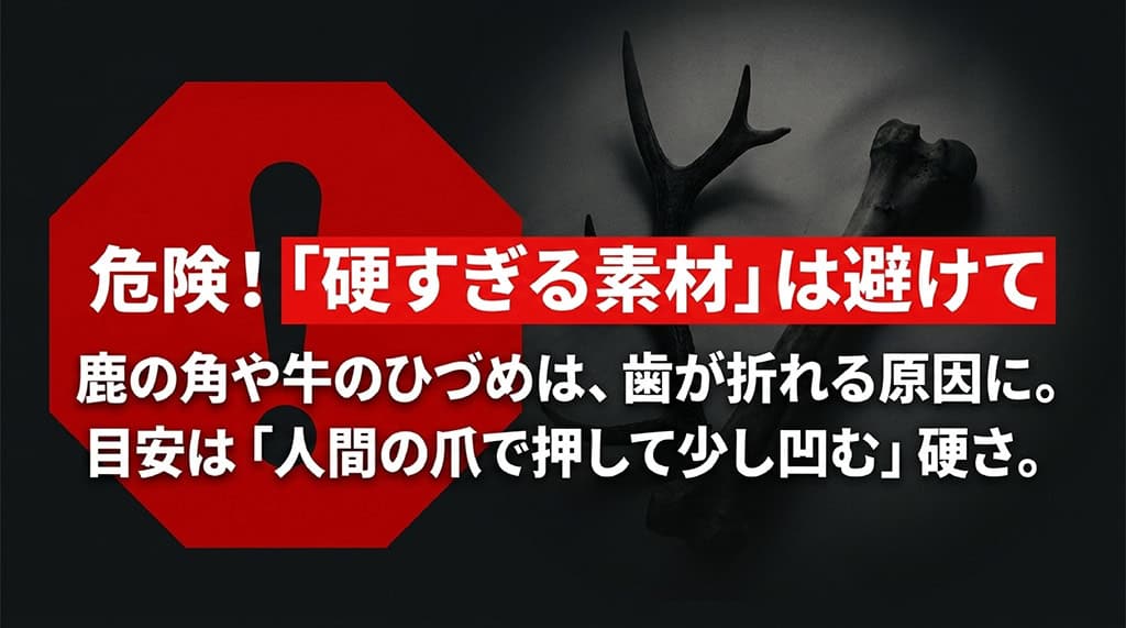 鹿の角や牛のひづめなど硬すぎる素材は犬の歯が折れる原因になるため避けるべきであり、人間の爪で押して少し凹む硬さが目安であることを示すスライド。
