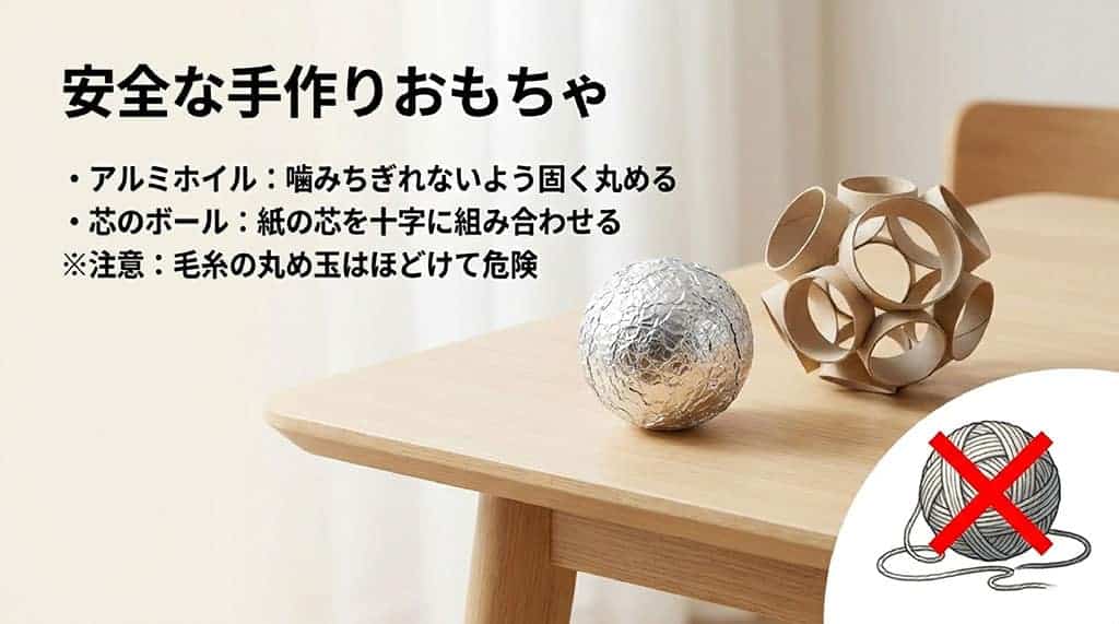 安全な手作りおもちゃのレシピ。アルミホイルは固く丸める、芯のボールは紙の芯を十字に組み合わせる。毛糸の丸め玉はほどけて危険という注意書き。