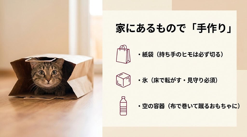 「家にあるもので『手作り』。・紙袋（持ち手のヒモは必ず切る）・氷（床で転がす・見守り必須）・空の容器（布で巻いて蹴るおもちゃに）」と書かれたスライド画像。