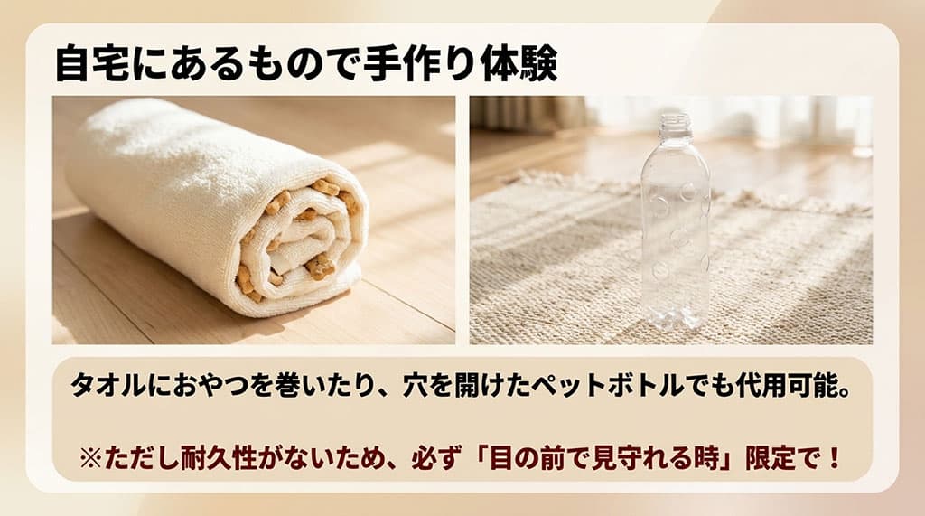 おやつを巻き込んだ白いタオルと、穴を開けた透明なペットボトルの写真。自宅でできる手作り体験の紹介と、耐久性がないため必ず目の前で見守る時限定にする注意書き。