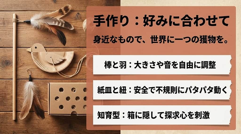 「手作り:好みに合わせて。身近なもので、世界に一つの獲物を。棒と羽:大きさや音を自由に調整。紙皿と紐:安全で不規則にパタパタ動く。知育型:箱に隠して探求心を刺激」と書かれたスライド。