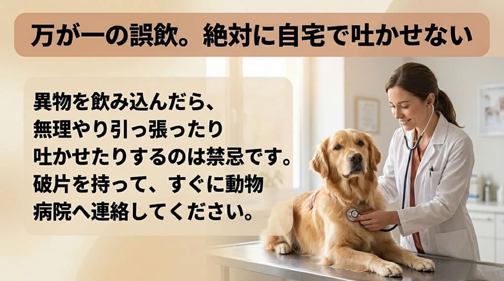 犬が異物を誤飲した際、絶対に自宅で無理やり吐かせたり引っ張ったりしてはいけないという禁忌事項と、破片を持ってすぐに動物病院へ連絡することを促すスライド。