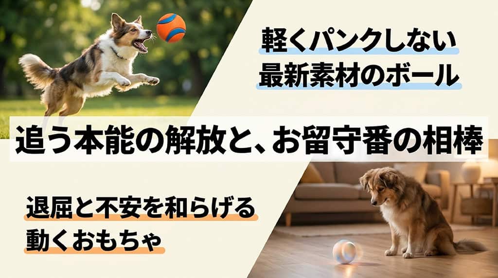 軽くパンクしない最新素材のボールと、お留守番中の退屈や不安を和らげる動くおもちゃ。追う本能を解放します。
