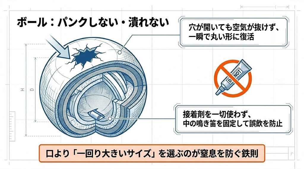 穴が開いても空気が抜けず一瞬で丸い形に復活する構造や、接着剤を使わず中の鳴き笛を固定して誤飲を防止する仕組み、口より一回り大きいサイズを選ぶ鉄則を描いたボールの断面図イラスト。