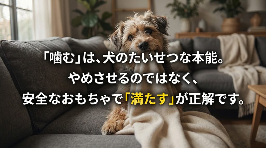 犬にとって「噛む」ことは大切な本能であり、無理にやめさせるのではなく安全なおもちゃで満たすことが正解であると伝えるスライド。