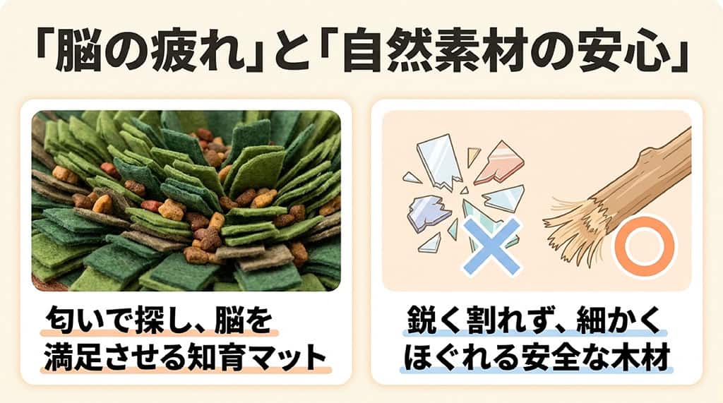 脳の疲れと自然素材の安心。匂いで探して脳を満足させる知育マットと、鋭く割れず細かくほぐれる安全な木材のおもちゃ。