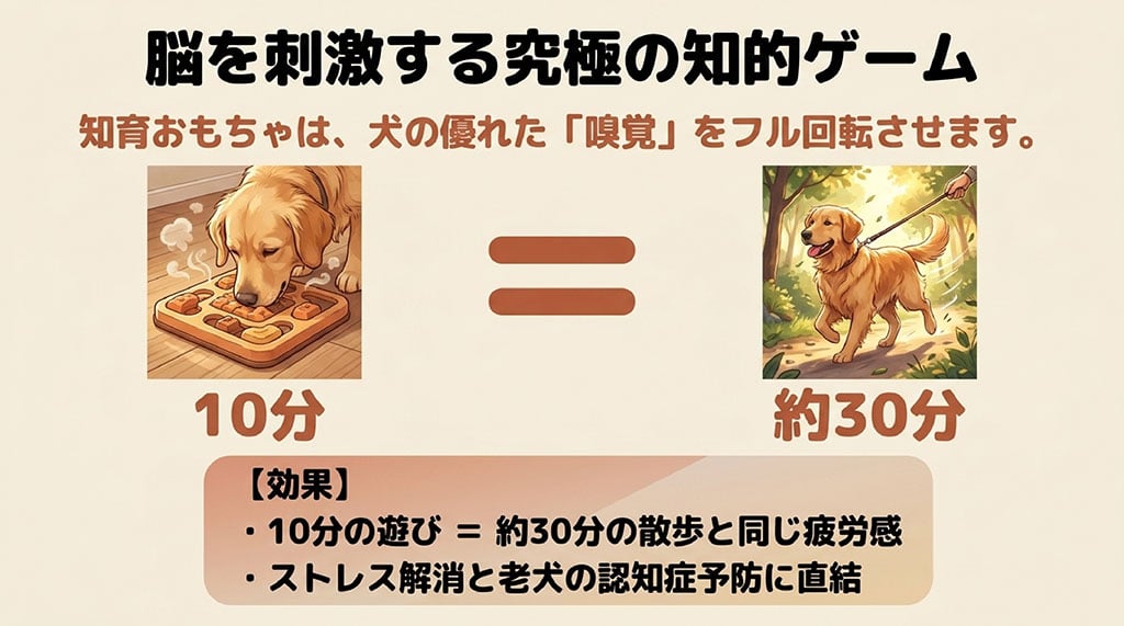 犬が知育おもちゃで遊ぶイラストと散歩のイラスト。10分の知育遊びが約30分の散歩と同じ疲労感と高い満足感をもたらし、ストレス解消や認知症予防に直結することを示す図。