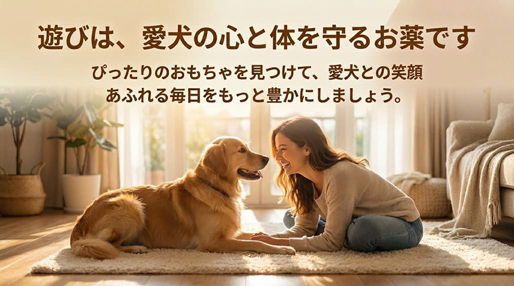 犬の知育おもちゃは心と体を守るお薬であり、ぴったりのおもちゃを見つけて笑顔あふれる毎日を豊かにしようと呼びかける結びのスライド。