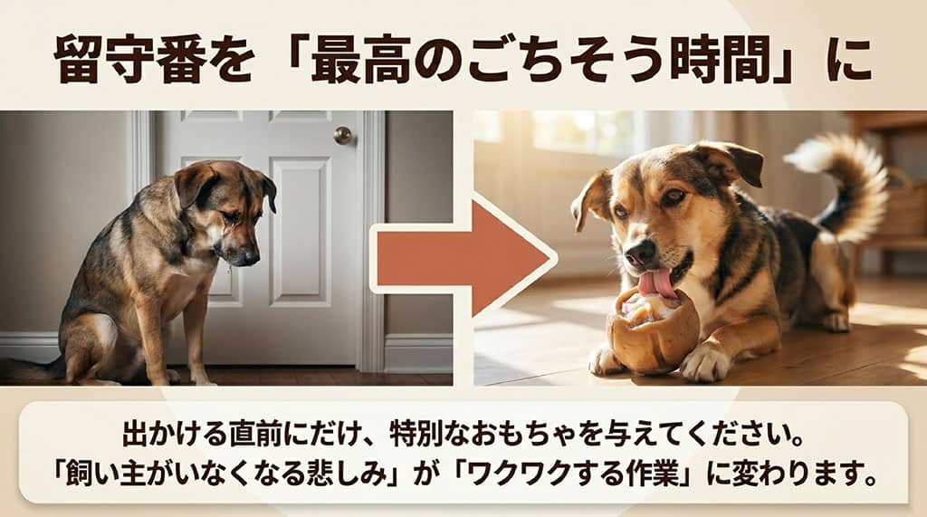 飼い主の外出時に寂しそうな犬から、特別なおもちゃを与えられて楽しそうに遊ぶ犬への変化を表す写真。留守番をワクワクする作業に変える仕組みを解説。
