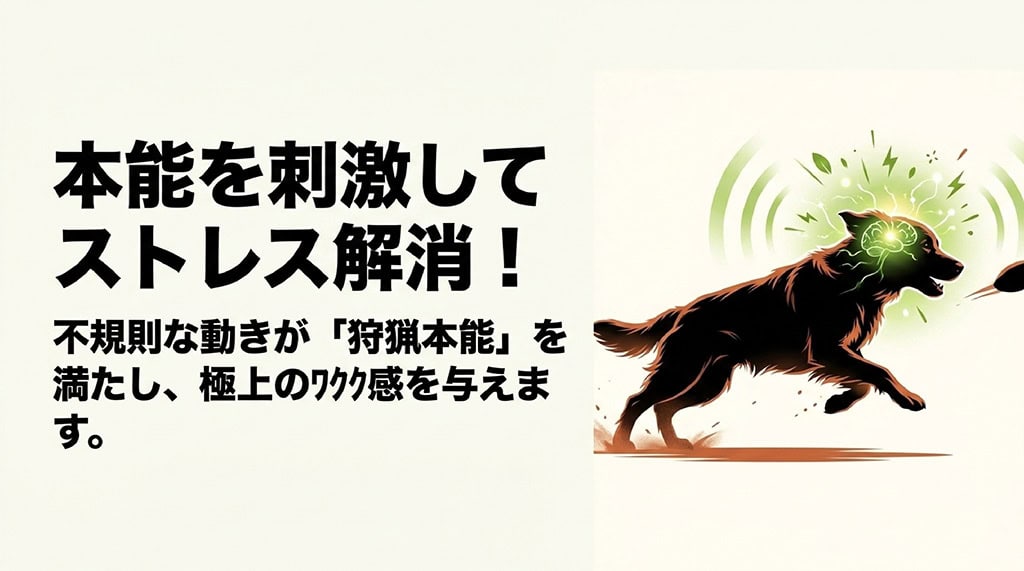 興奮して目を輝かせる犬のイラストと、「不規則な動きが『狩猟本能』を満たし、極上のワクワク感を与えます」という解説テキスト。