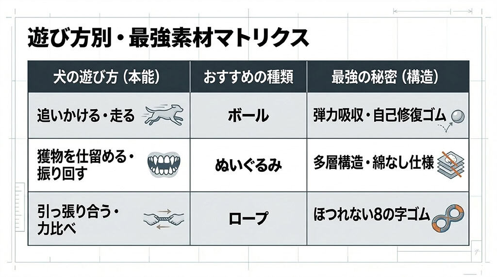 犬の遊び方(本能)に合わせたおすすめの種類と最強の秘密をまとめた表。ボール(弾力吸収・自己修復ゴム)、ぬいぐるみ(多層構造・綿なし仕様)、ロープ(ほつれない8の字ゴム)の一覧。