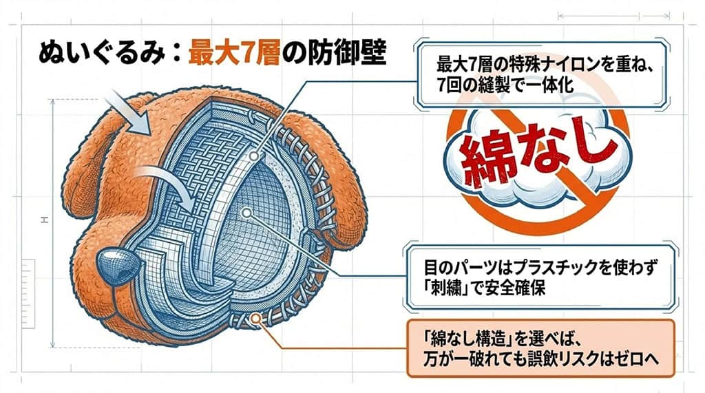 最大7層の特殊ナイロンを重ねて7回の縫製で一体化したぬいぐるみの断面図。目のパーツを刺繍にし、綿なし構造にすることで誤飲リスクをゼロにする工夫の解説。