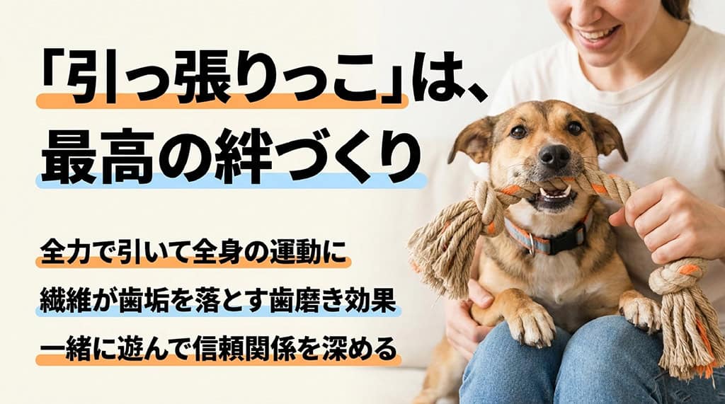 ロープおもちゃでの引っ張りっこは最高の絆づくり。全力で引いて全身運動になり、繊維が歯垢を落とす歯磨き効果があり、信頼関係を深めます。