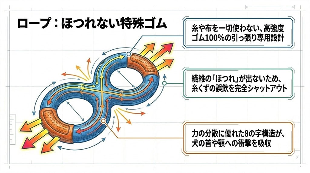 糸やくずの誤飲を防ぐ高強度ゴム100%の引っ張り専用設計ロープ。繊維のほつれが出ず、衝撃を吸収する8の字構造のメリットを説明するスライド。