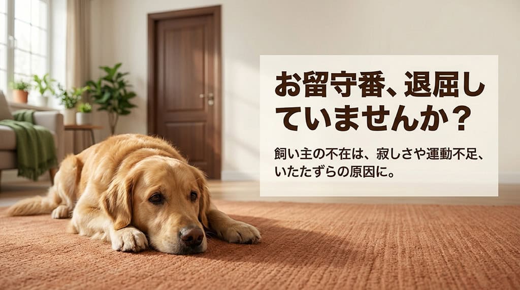 「お留守番、退屈していませんか？」という文字と、飼い主の不在による寂しさや運動不足、いたずらの原因を説明するイラスト。