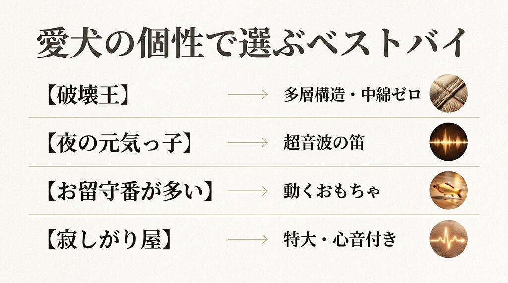 破壊王や寂しがり屋など、愛犬の個性に合わせて選ぶおすすめのおもちゃ一覧表