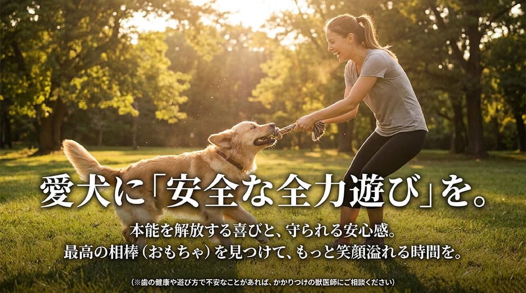 「愛犬に『安全な全力遊び』を。」というメッセージと共に、本能を解放する喜びと守られる安心感、最高の相棒(おもちゃ)を見つけることを応援するエンディングスライド。