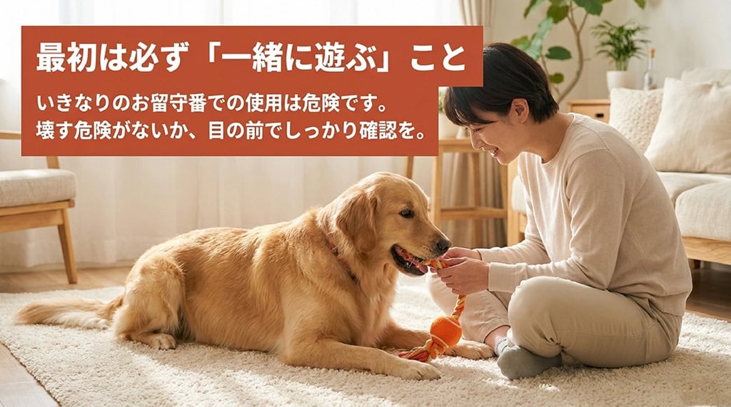 「いきなりのお留守番での使用は危険です。壊す危険がないか、目の前でしっかり確認を。」と、初めての使用時の注意点を呼びかけるスライド。