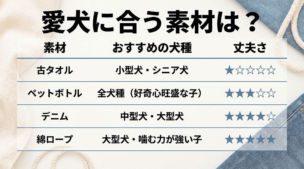 犬種に合わせたおもちゃ素材と耐久性の比較表