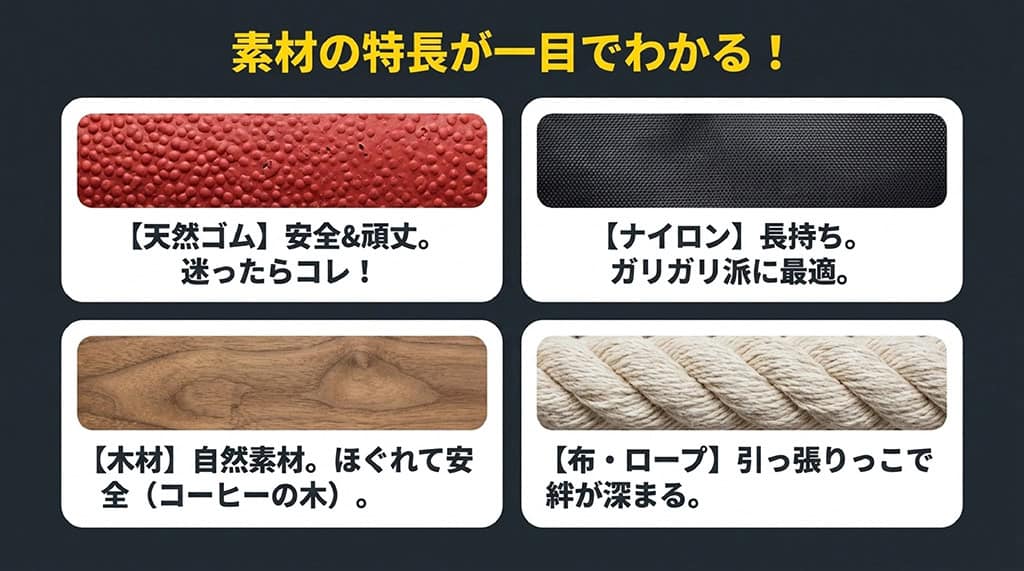 天然ゴム、ナイロン、木材、布・ロープといった犬用おもちゃの代表的な素材の特徴を一目でわかるようにまとめたスライド。