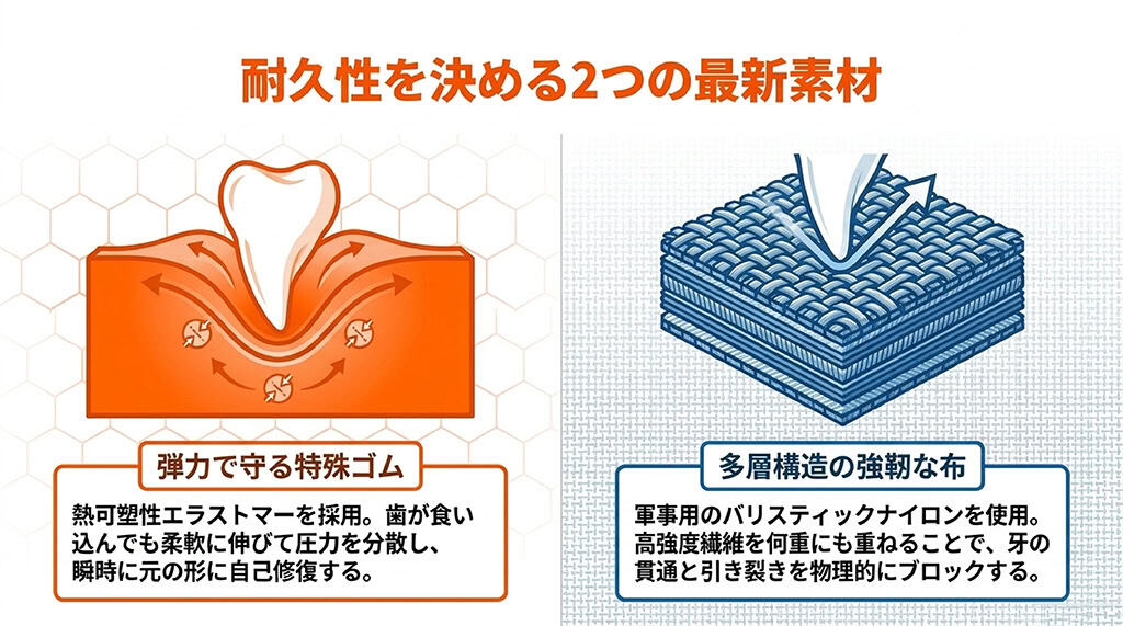 耐久性を決める2つの素材として、弾力で守る特殊ゴム(熱可塑性エラストマー)と多層構造の強靭な布(バリスティックナイロン)のメカニズムを説明するスライド。