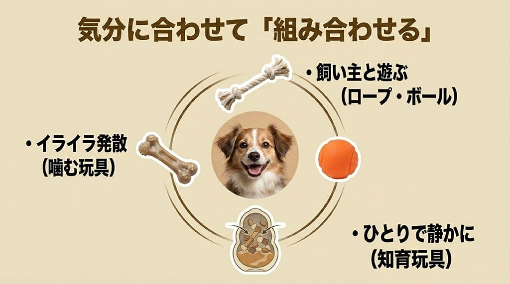 飼い主と遊ぶロープ・ボール、イライラ発散の噛む玩具、ひとりで静かに過ごす知育玩具など、気分に合わせた組み合わせ（ポートフォリオ）を提案するスライド