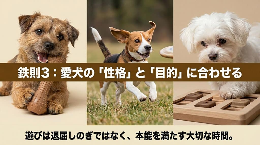 芝生の上を走る犬の足元の写真と、遊びは退屈しのぎではなく本能を満たす大切な時間であることを伝えるスライド