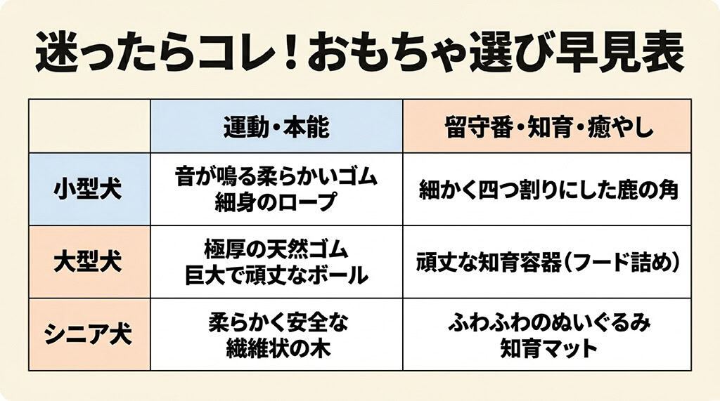 犬の体格（小型犬・大型犬・シニア犬）や目的（運動・留守番・知育など）に合わせたおもちゃ選びの早見表。