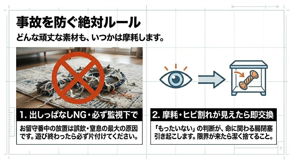 事故を防ぐルールとして、1.出しっぱなしNGで必ず監視下で遊ばせること、2.摩耗やヒビ割れが見えたら命に関わる腸閉塞を防ぐために即交換することを説明するイラスト付きスライド。
