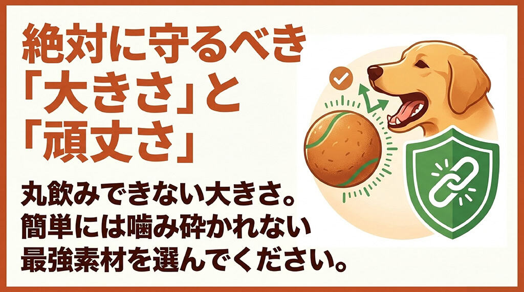 犬の口元と肉球のイラスト。「丸飲みできない大きさ。簡単には噛み砕かれない最強素材を選んでください。」という安全基準を説明するスライド。