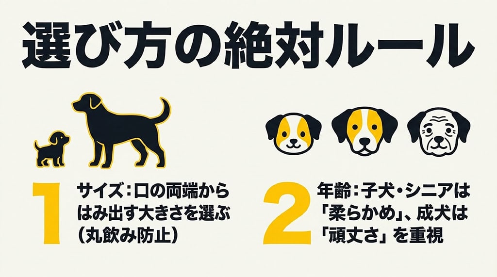 おもちゃ選びのルールとして、丸飲みを防ぐサイズ選び(口の両端からはみ出す大きさ)と、年齢に合わせた硬さ(子犬・シニアは柔らかめ、成犬は頑丈さ重視)を解説したスライド。