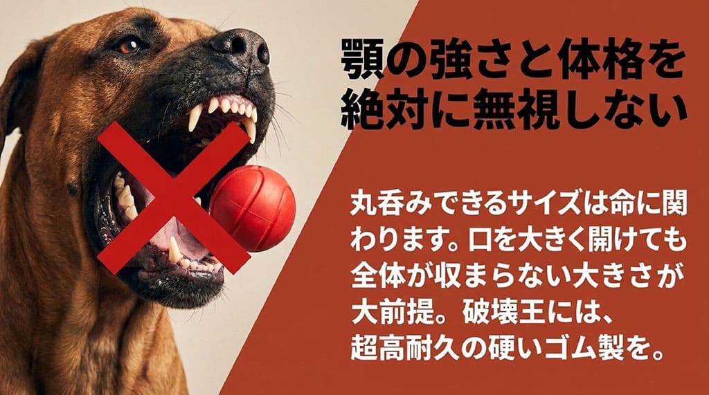 犬の知育おもちゃ選びにおいて、丸呑み防止のため口を大きく開けても全体が収まらない大きさが大前提であることや、破壊王には超高耐久の硬いゴム製を選ぶべきことを説明するスライド。