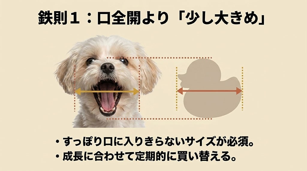 すっぽり口に入りきらないサイズが必須であること、成長に合わせて定期的に買い替えることを示すサイズ選びの鉄則スライド
