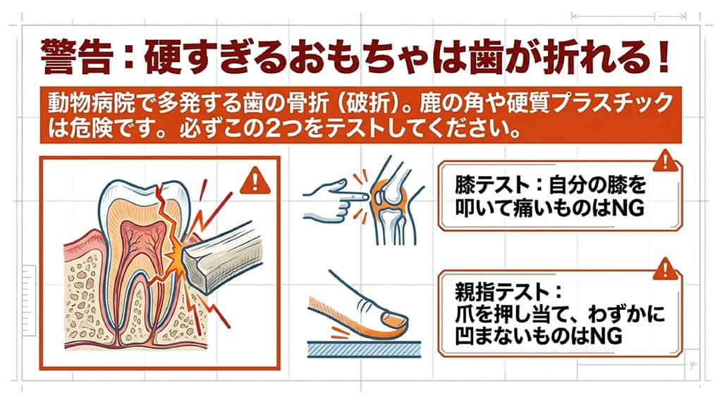 硬すぎるおもちゃで犬の歯が折れるイラストと、硬さを見極める「膝テスト(自分の膝を叩いて痛いものはNG)」および「親指テスト(爪を押し当てて凹まないものはNG)」の解説。