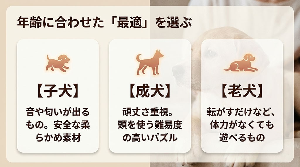 子犬(音や匂い、柔らかめ素材)、成犬(頑丈さ、難易度の高いパズル)、老犬(転がすだけなど体力がなくても遊べるもの)と、ライフステージ別に最適な知育おもちゃの基準をまとめたスライド。