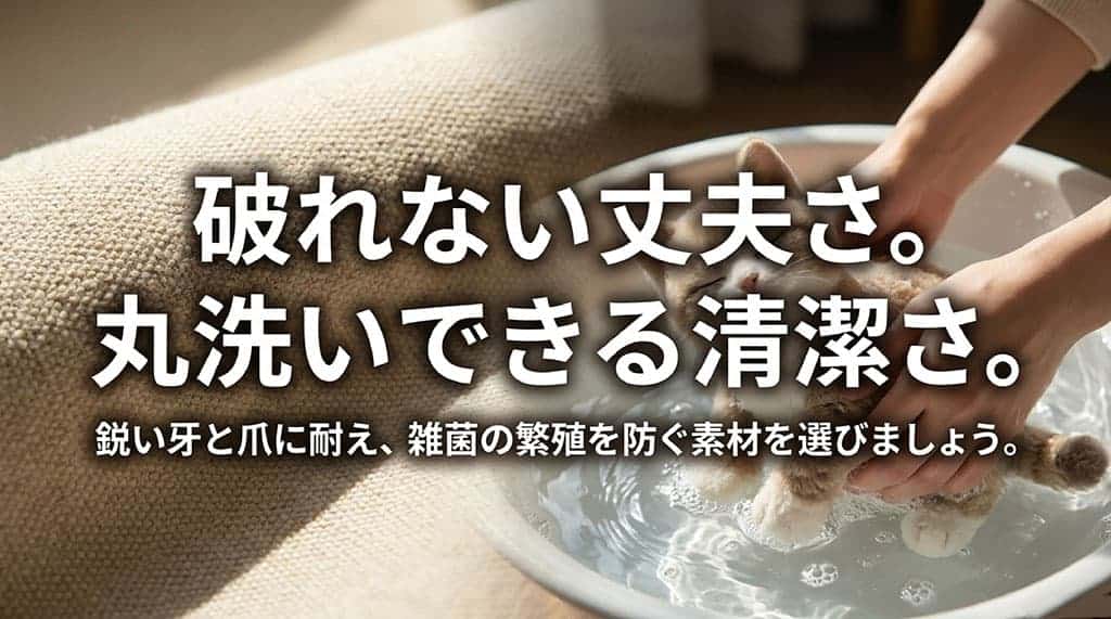 猫の鋭い爪や牙に耐える丈夫さと、丸洗いできる素材選びのポイントを説明するスライド