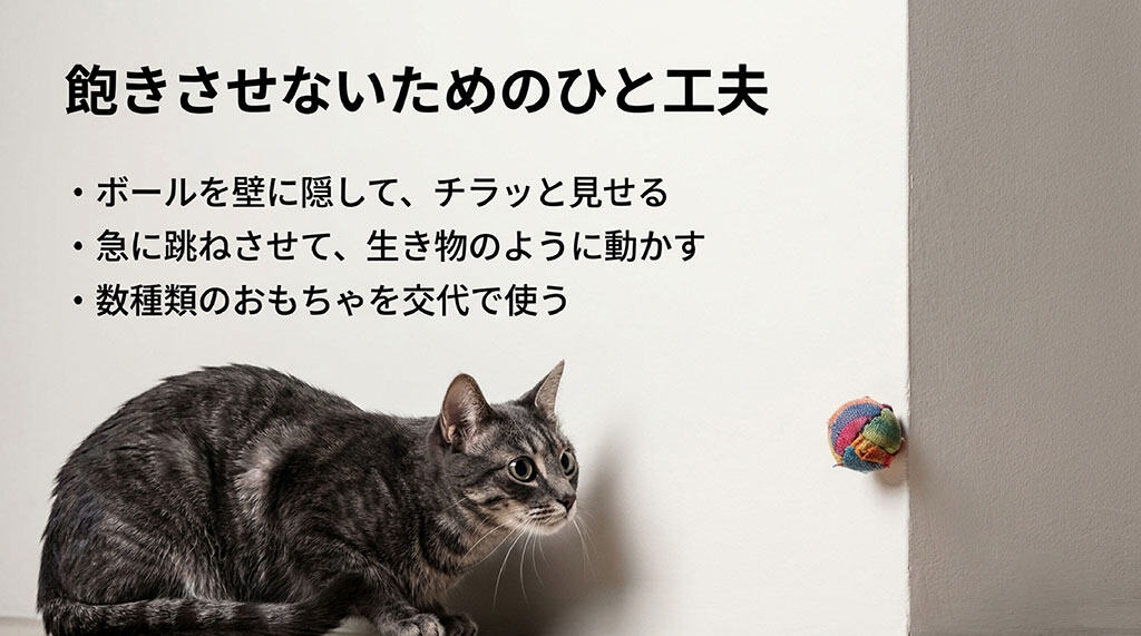 飽きさせないためのひと工夫。ボールを壁に隠してチラッと見せる、急に跳ねさせて生き物のように動かす、数種類のおもちゃを交代で使う。