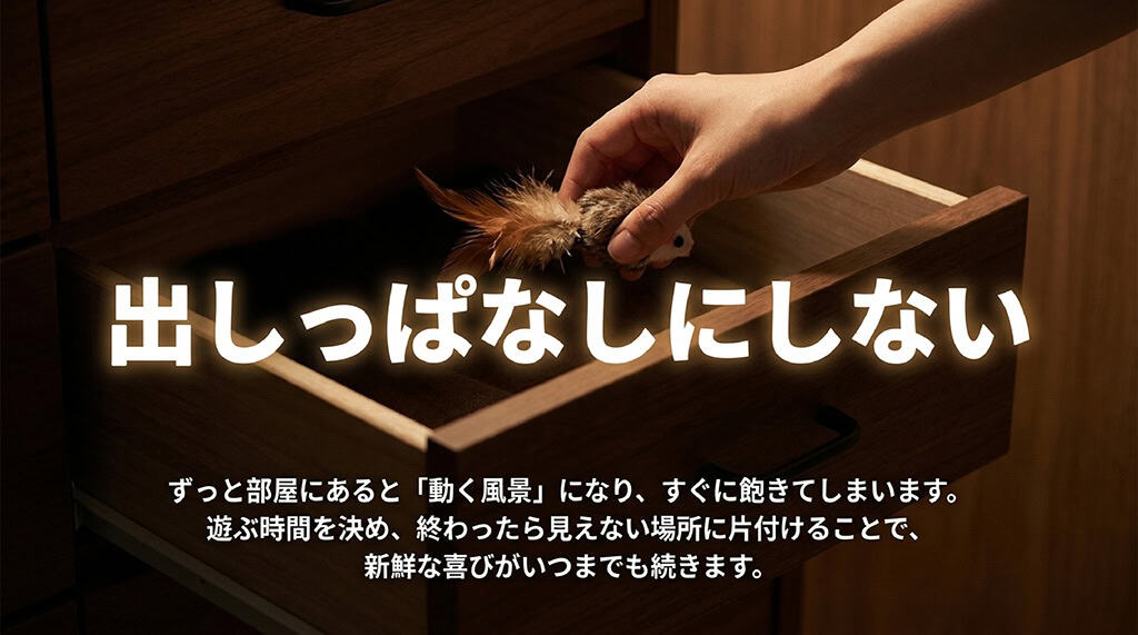 いつでも部屋にあると動く風景になって飽きるため、遊ぶ時間を決めて片付けるメリハリ運用を推奨するスライド。