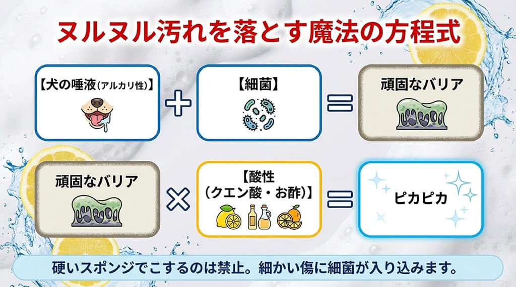 ヌルヌル汚れを落とす魔法の方程式。アルカリ性の犬の唾液と細菌が合わさった頑固なバリアには、クエン酸やお酢などの酸性が効果的。硬いスポンジでこするのは傷に細菌が入り込むため禁止。
