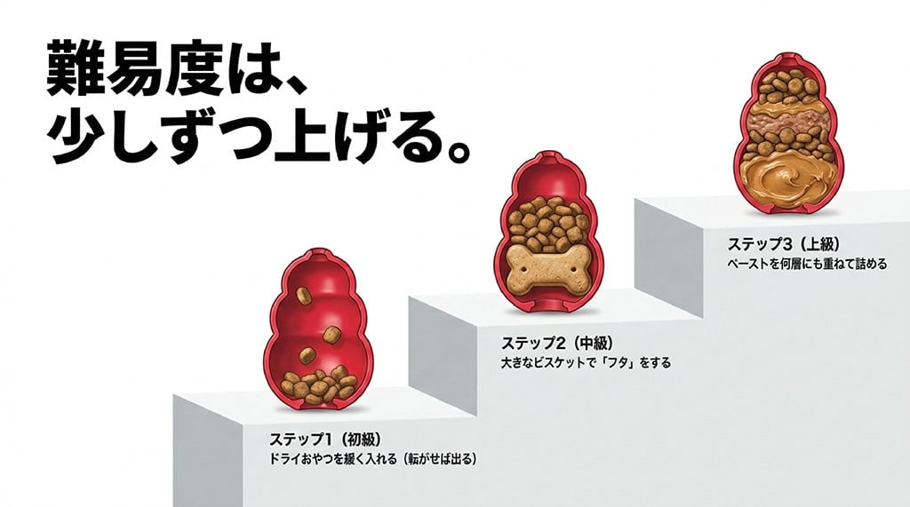 コングの難易度別おやつの詰め方スライド。ステップ1(初級)はドライおやつ、ステップ2(中級)はビスケットでフタ、ステップ3(上級)はペーストを何層も重ねる図解。