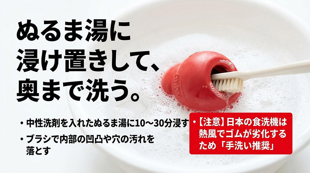 コングの洗い方を解説するスライド。中性洗剤を入れたぬるま湯に10〜30分浸け置きし、ブラシで内部を洗う手順。日本の食洗機は熱風でゴムが劣化するため手洗い推奨と記載。