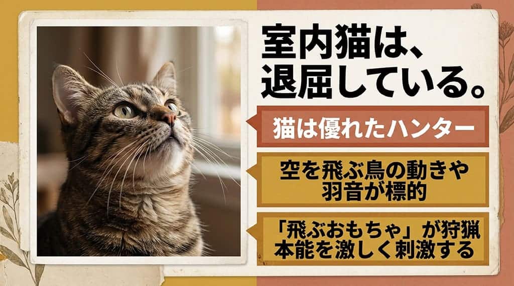 上を見上げる猫の写真と共に「室内猫は、退屈している。猫は優れたハンター。空を飛ぶ鳥の動きや羽音が標的。『飛ぶおもちゃ』が狩猟本能を激しく刺激する」と記載されたスライド
