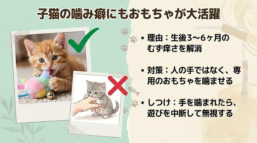 「子猫の噛み癖にもおもちゃが大活躍」と書かれ、生後3〜6ヶ月のむず痒さを解消する理由や、人の手ではなく専用おもちゃを噛ませる対策、手を噛まれたら遊びを中断して無視するしつけ方法をまとめたスライド