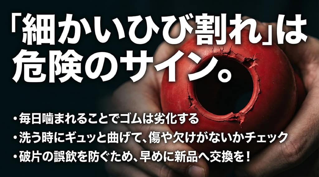 コングの交換目安を解説するスライド。洗う時にギュッと曲げて傷や欠けがないかチェックし、「細かいひび割れ」が見られたら破片の誤飲を防ぐため早めに新品へ交換するよう推奨。