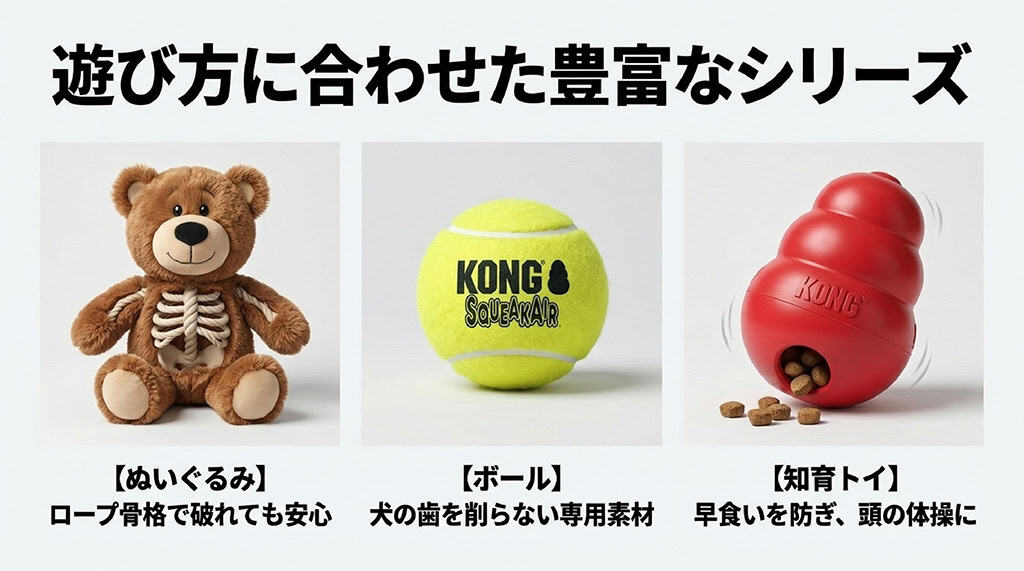 コングの派生シリーズを紹介するスライド。ロープ骨格のぬいぐるみ、歯を削らない専用素材のボール、早食いを防ぐ知育トイの3種類を画像付きで解説。