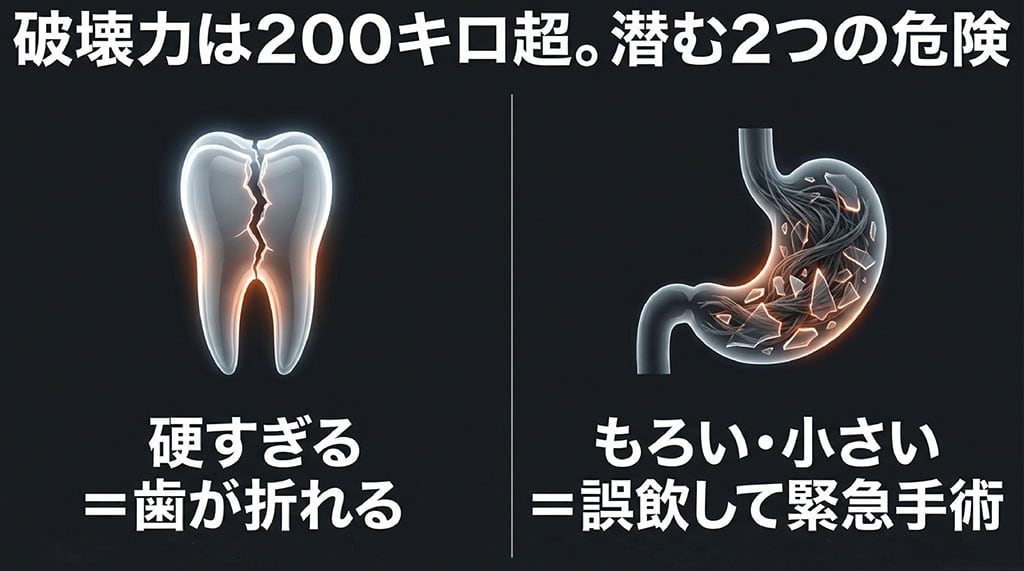 破壊力は200キロ超。潜む2つの危険。硬すぎるおもちゃは歯が折れる原因になり、もろい・小さいおもちゃは誤飲して緊急手術になるリスクがあります。